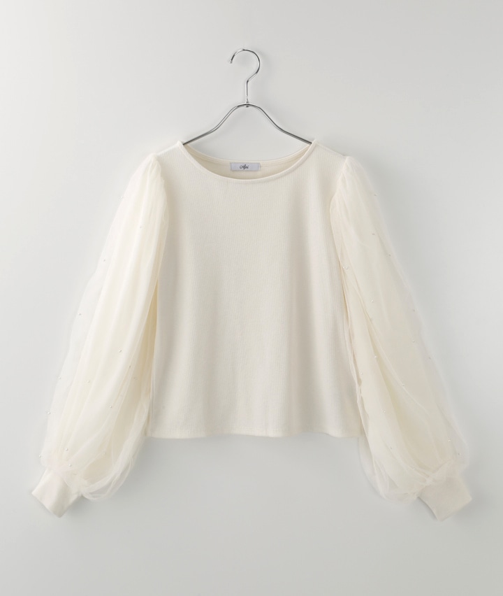 パール袖チュールトップス(Mサイズ ブラック): レディース