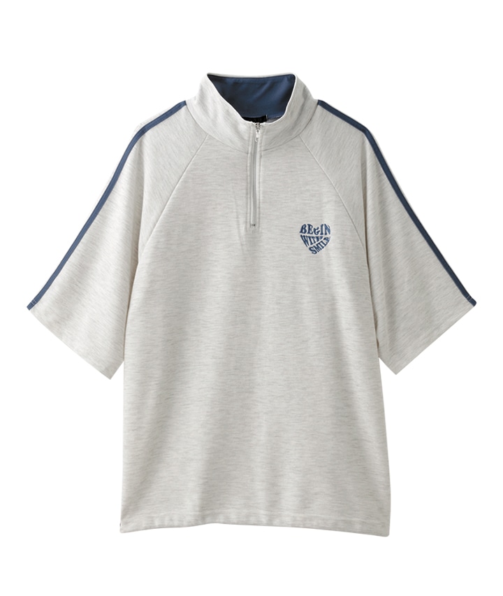 襟配色ハーフジップTシャツ(Mサイズ ブルーグレー): メンズ