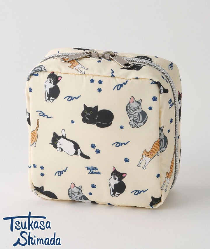 島田つか沙】猫総柄 スクエアポーチ(12×12×6㎝ オフ