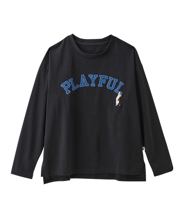 デニムパッチワーク文字刺繍長袖T(Mサイズ チャコルグレー