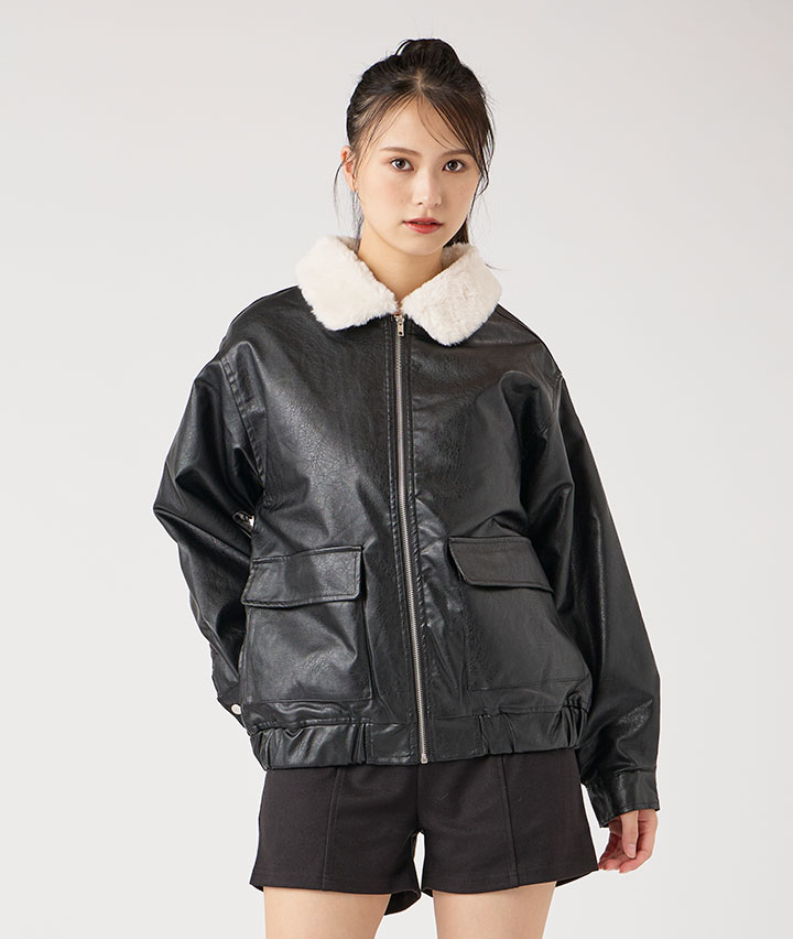 合皮衿ファーブルゾン(Mサイズ ブラック): レディース