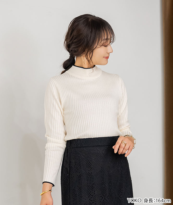 配色ハイネックリブニット