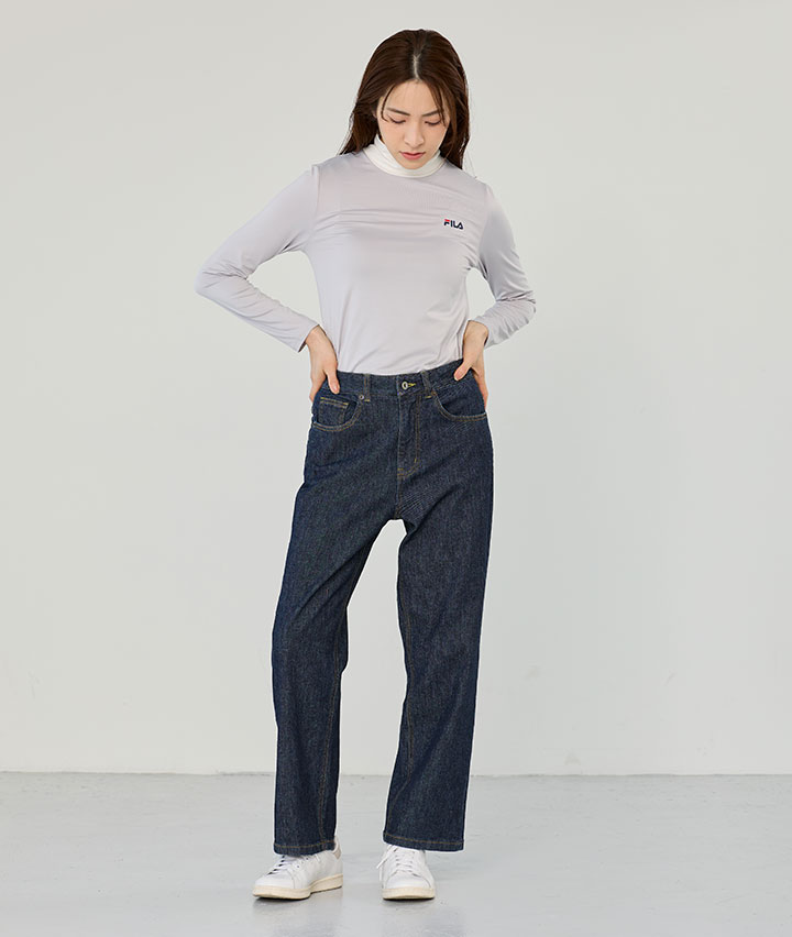 麻混デニムワイドストレートパンツ