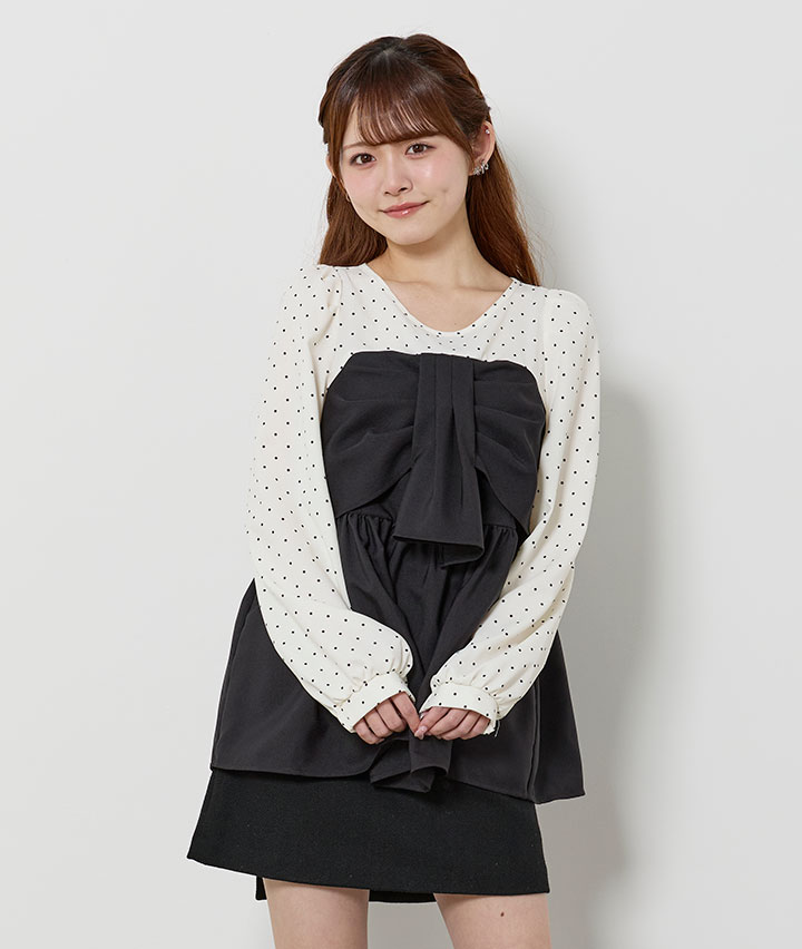 ドット柄リボンブラウス