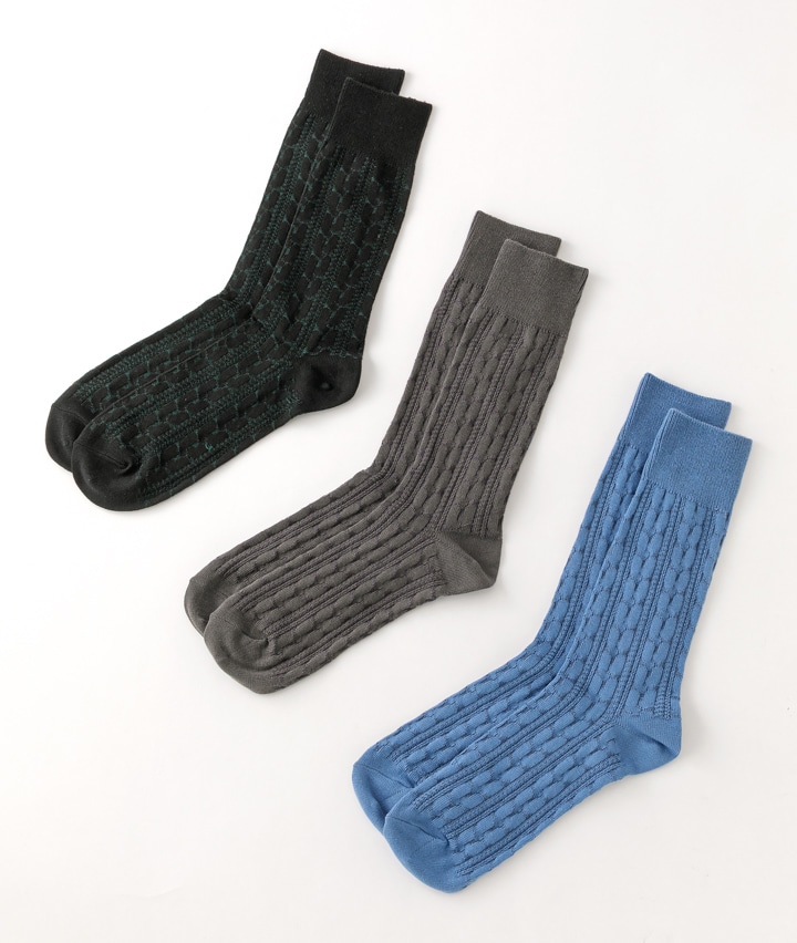 （３足組）縄柄クルーソックス