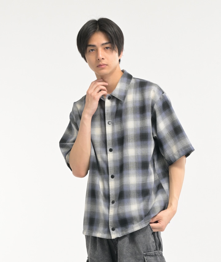 オンブレチェック半袖コーチ風シャツ