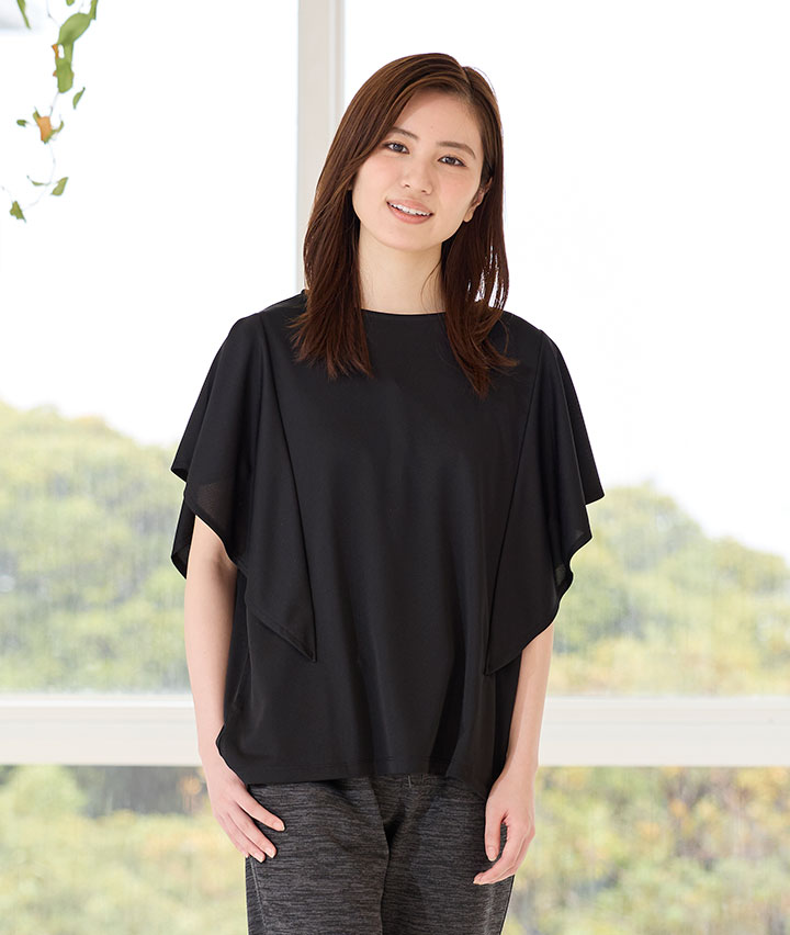 ラッフル袖メッシュ無地クルーネックシャツ