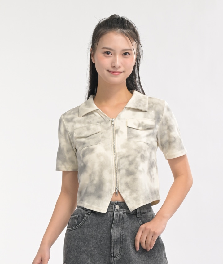 襟付きダブルジップラメＴシャツ