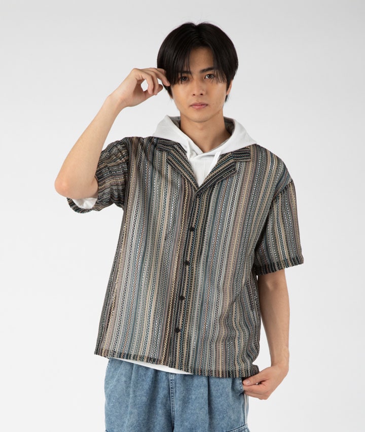 透かし編みグラデーションニット半袖シャツ