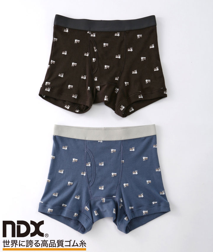 【ＮＤＸ　世界に誇る高品質ゴム糸】（犬柄）（綿混素材）（フライス編み）（底マチ付き）（２枚組）ボクサーブリーフ（前あき）