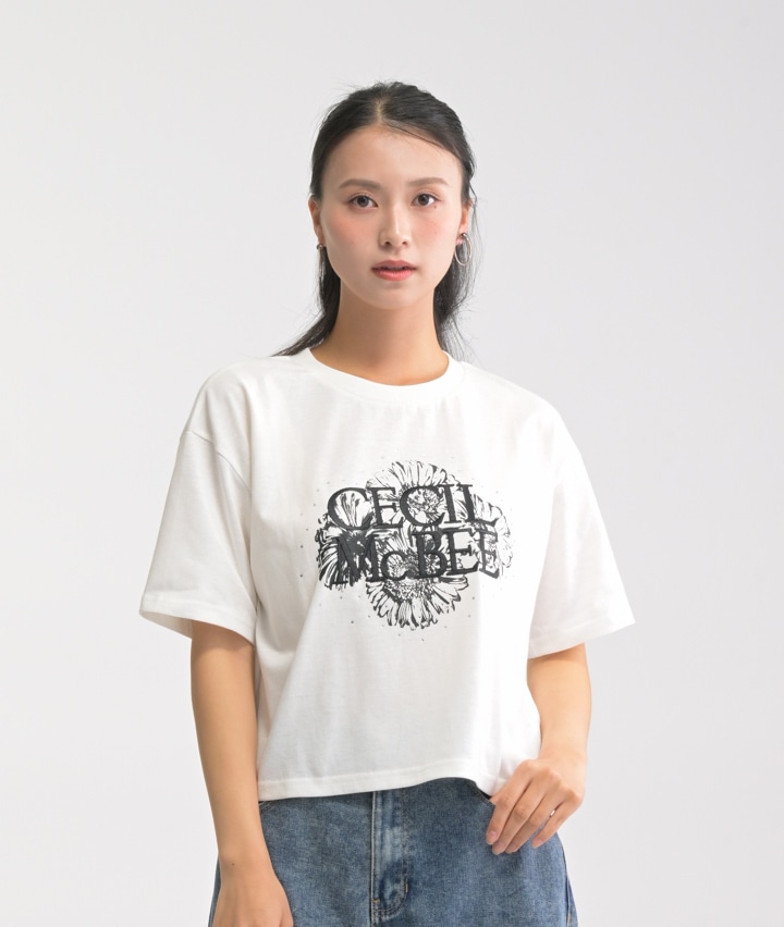 【ＣＥＣＩＬ ＭｃＢｅｅ ＮＯＵＶＥＬＬＥ】花プリントラインストーン付きＴシャツ