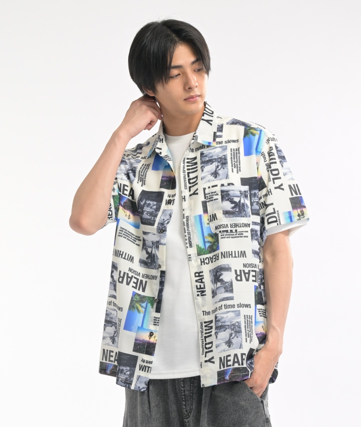 接触冷感加工総柄シャツ