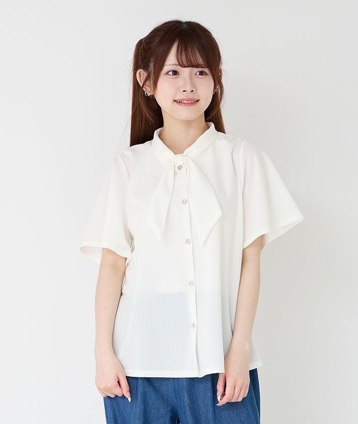 リボン付き半袖ブラウス