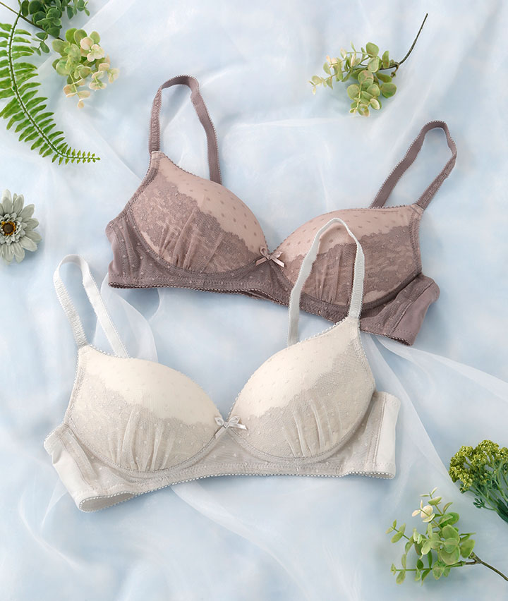 （シアバターオイル加工）（コットンＭＩＸ）ドット柄ノンワイヤーブラジャー