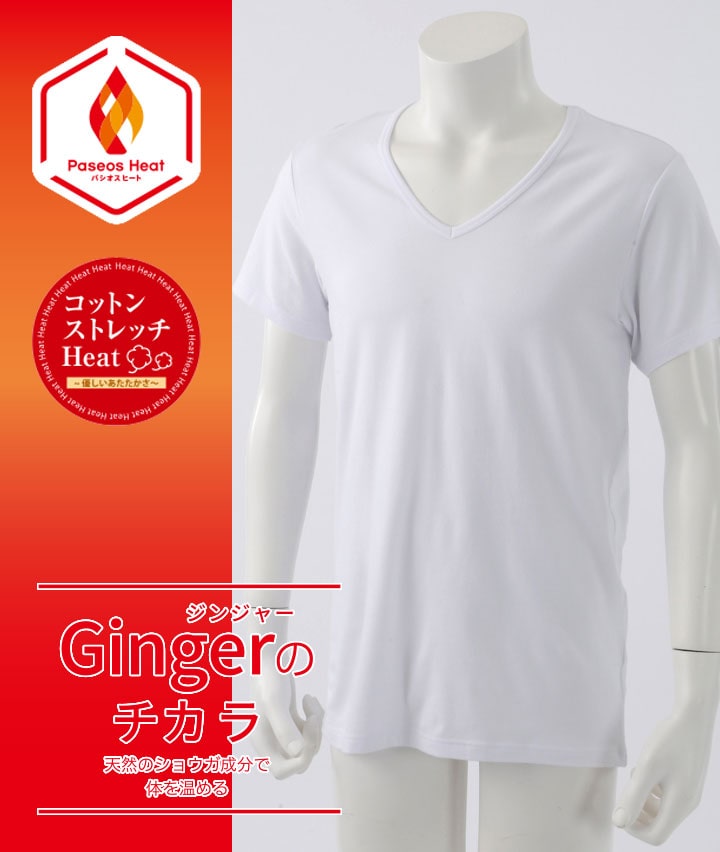 【Ｇｉｎｇｅｒのチカラ】【コットンストレッチＨｅａｔ】（吸湿発熱）（抗菌防臭）（綿混素材）（ストレッチ）（保温）（型崩れ防止）半袖Ｖ首シャツ