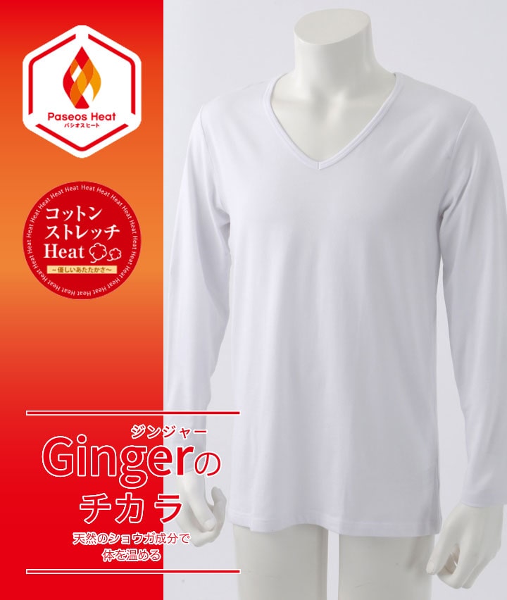 【Ｇｉｎｇｅｒのチカラ】【コットンストレッチＨｅａｔ】（吸湿発熱）（抗菌防臭）（綿混素材）（ストレッチ）（保湿）（型崩れ防止）長袖Ｖシャツ