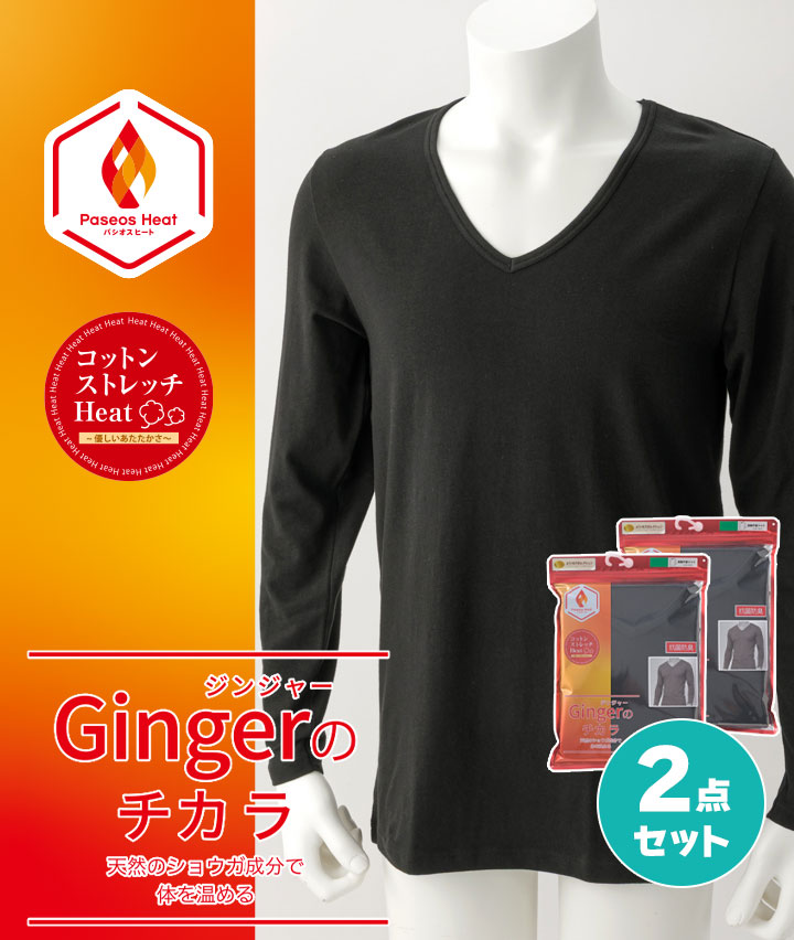 【Ｇｉｎｇｅｒのチカラ】【コットンストレッチＨｅａｔ】（お買い得２点セット）（吸湿発熱）（抗菌防臭）長袖Ｖ首シャツ
