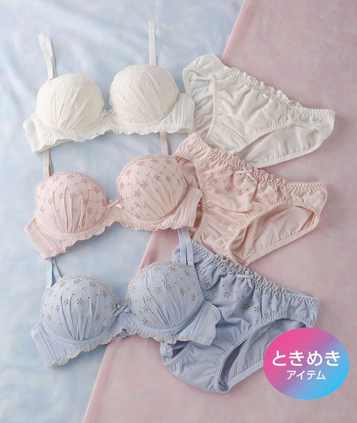 （今っぽブラセット）コットンボーラーレースノンワイヤーブラジャー＆ショーツセット
