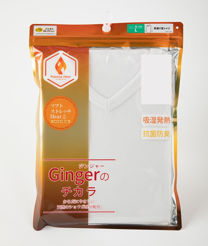 【Ｇｉｎｇｅｒのチカラ】【ソフトストレッチＨｅａｔ～なめらかな着心地～】（吸湿発熱）（抗菌防臭）長袖Ｖ首シャツ
