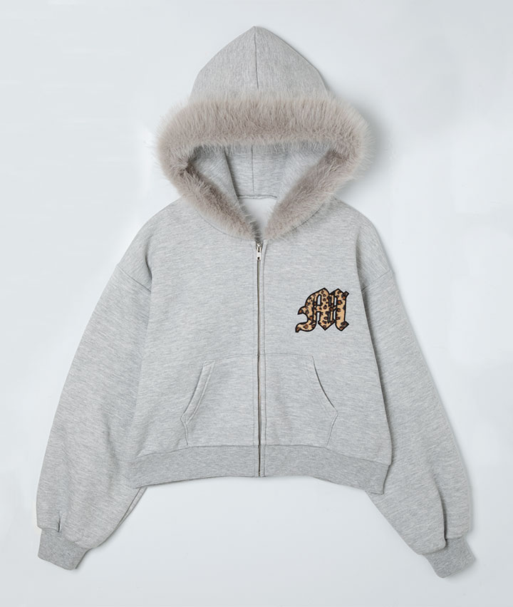 ヒョウ柄貼付フードファーパーカ