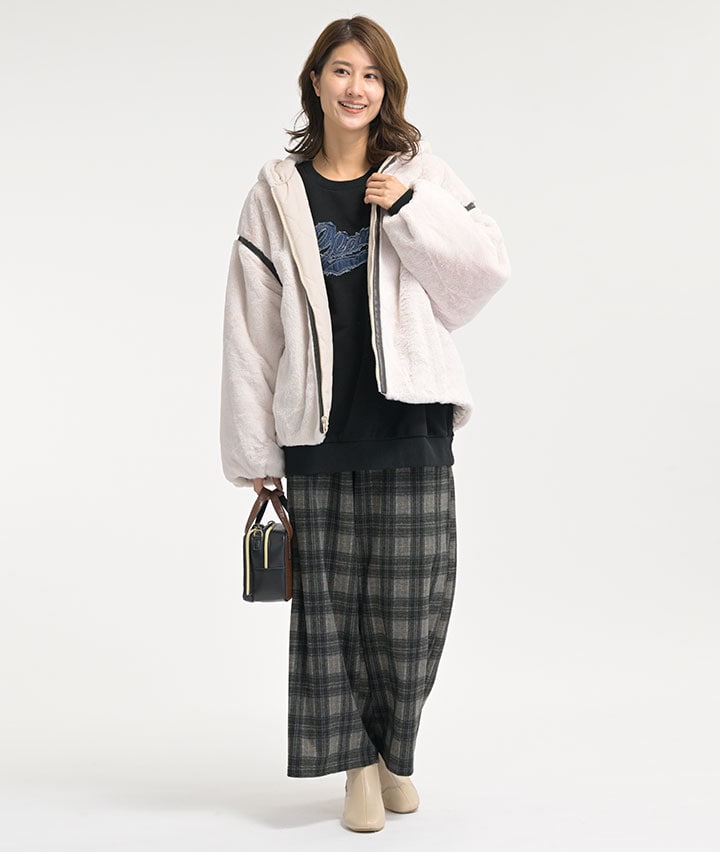 ウール調チェックワイドパンツ