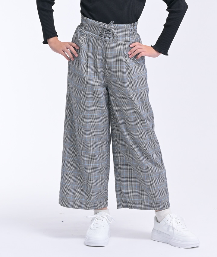 裏フリースチェック柄ワイドパンツ