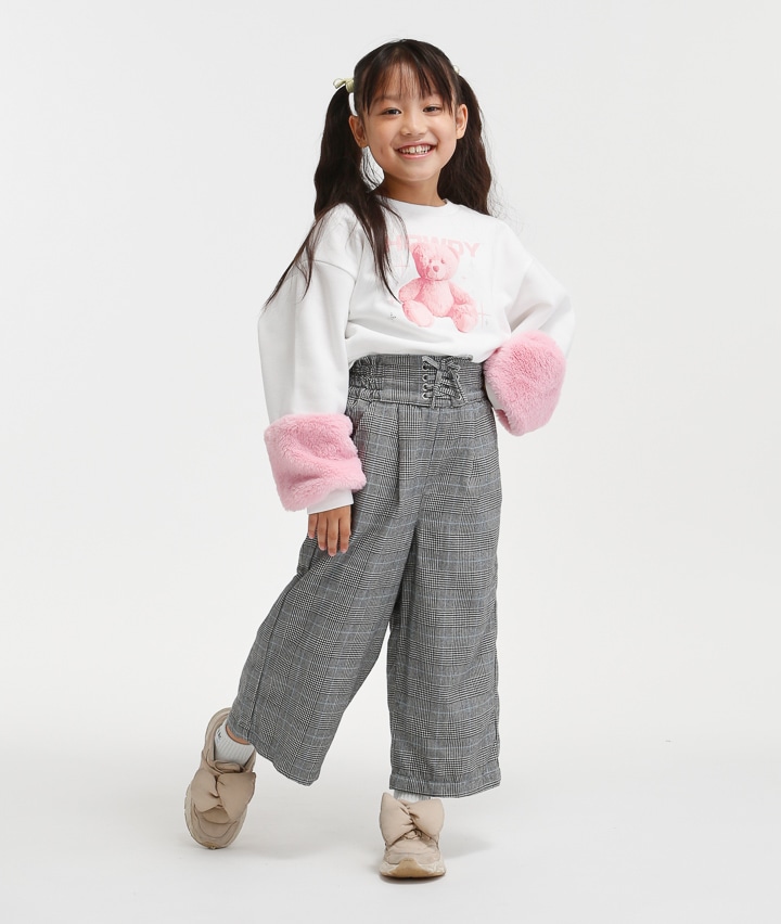 裏フリースチェック柄ワイドパンツ