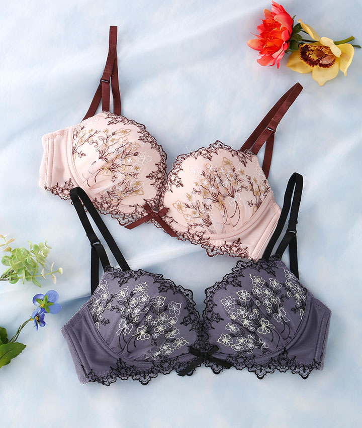 （すっきりメイク）ラメ小花刺繍レースノンワイヤーブラジャー