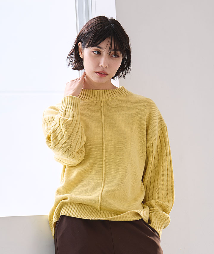 袖リブモックネックニットプルオーバー