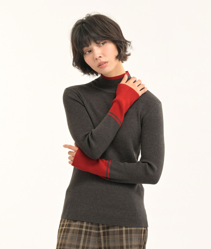 袖配色ニットプルオーバー
