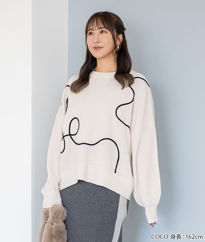 コード刺しゅう片畦ニットプルオーバー