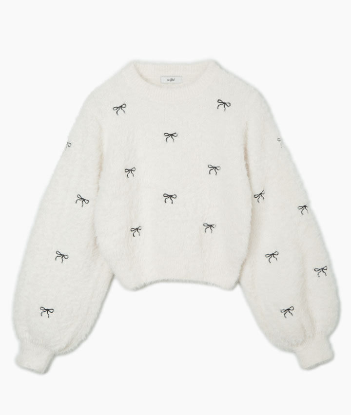 リボン刺しゅうニットプルオーバー